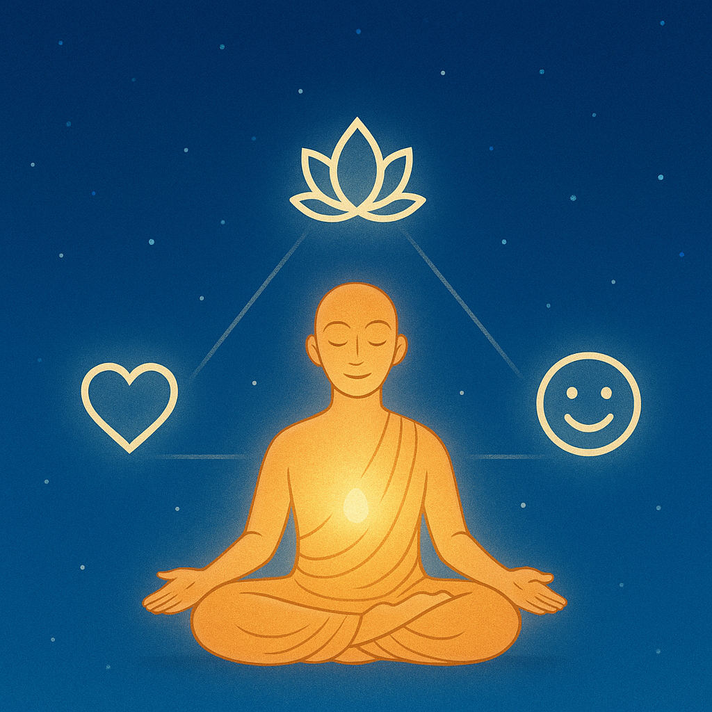 Stylized illustration of a meditating figure inside a triangle surrounded by heart, lotus, and smiley icons.